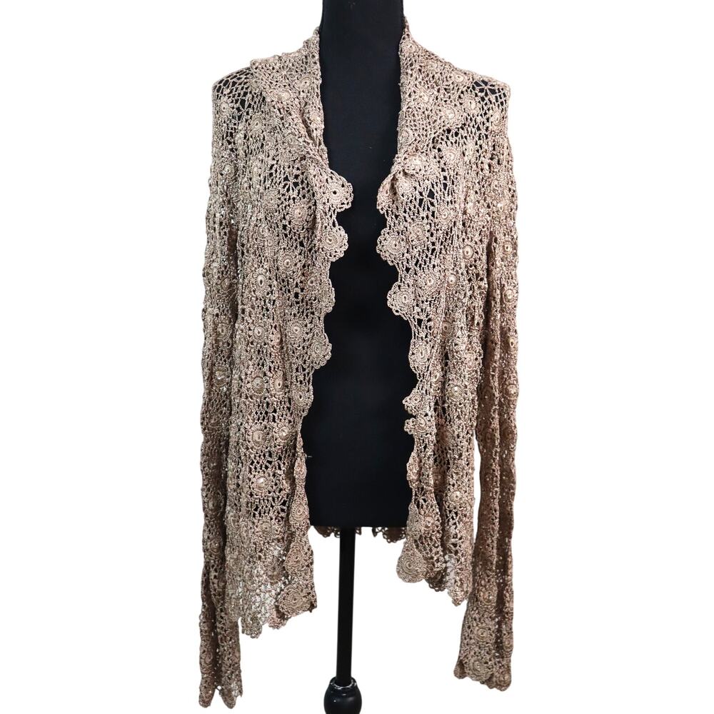 NWT Sutton Studio Champagne Gold Tan Beige Open Knit Cardigan Crochet Sequin 12